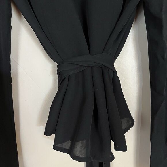 Dana Buchman Black Tuxedo Ruffle Wrap Long Sleeve‎ 100% Silk Blouse SZ 6 Medium - Picture 14 of 16